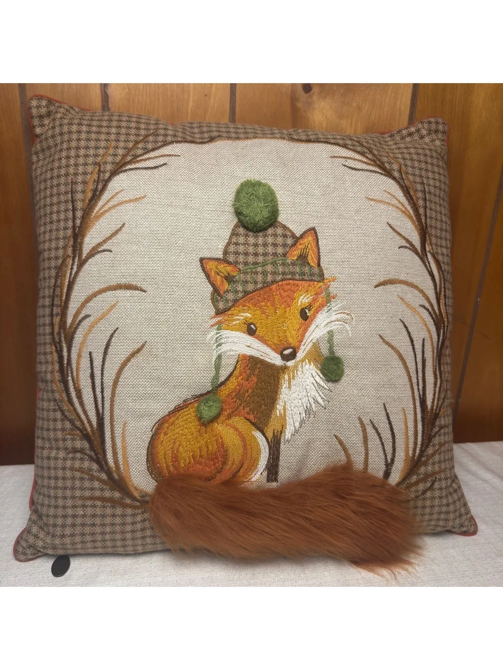 Vintage Pier 1 Fox Throw Pillow 16x16 Embroidered Woodland Pom Pom Tail